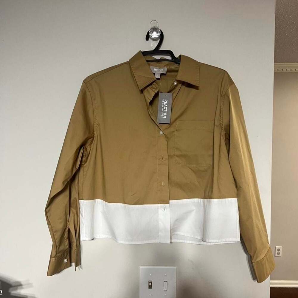 Kenneth Cole Reaction Color-Block Button-Up Shirt, Khaki and White, Size S - NWT